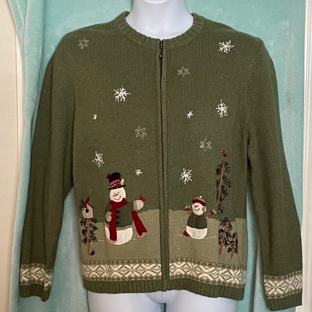 Croft&Barrow Green Cardigan Sweater with Snowmen, Size XL